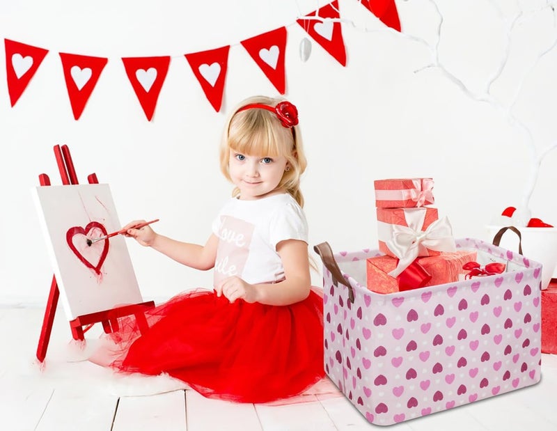 NTAOHAMPER Rectangular Pink Heart Gift Basket Empty,Fabric Storage Basket with Handles,Kids Toys/Books Box,Lovely Storage Bin,Room Decor(Pink Love) - Image 4
